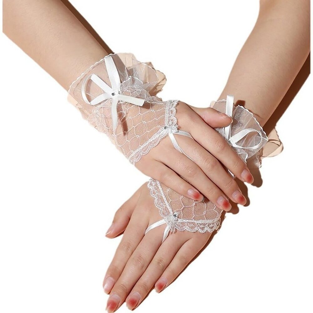 Women's White Elastic Bracelet Floral Lace Cuffs Bow Gloves Sleeve Party Prom